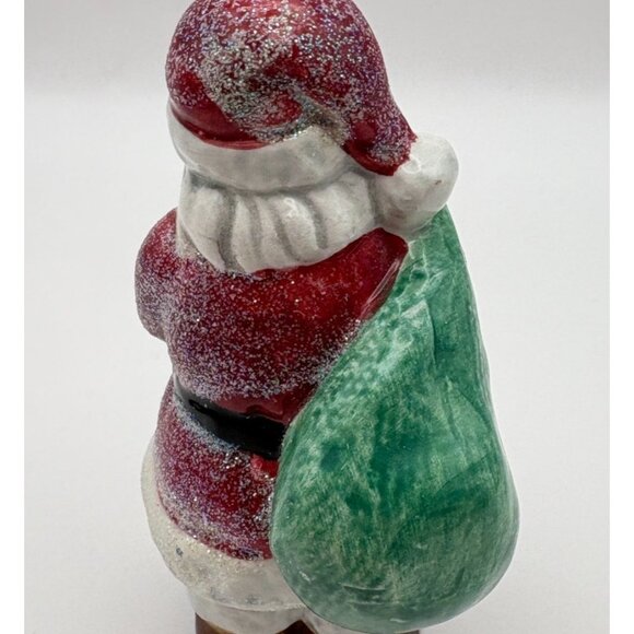 Vintage Santa Claus Christmas Tree Ornament with Glitter Accents Green Toy Sack - Picture 2 of 8